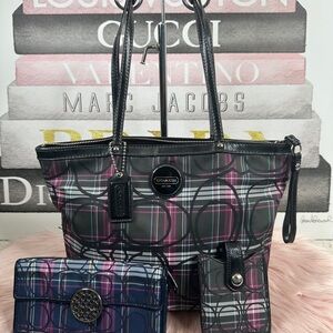 Coach poppy Tartan Plaid Pink and Black Tote set